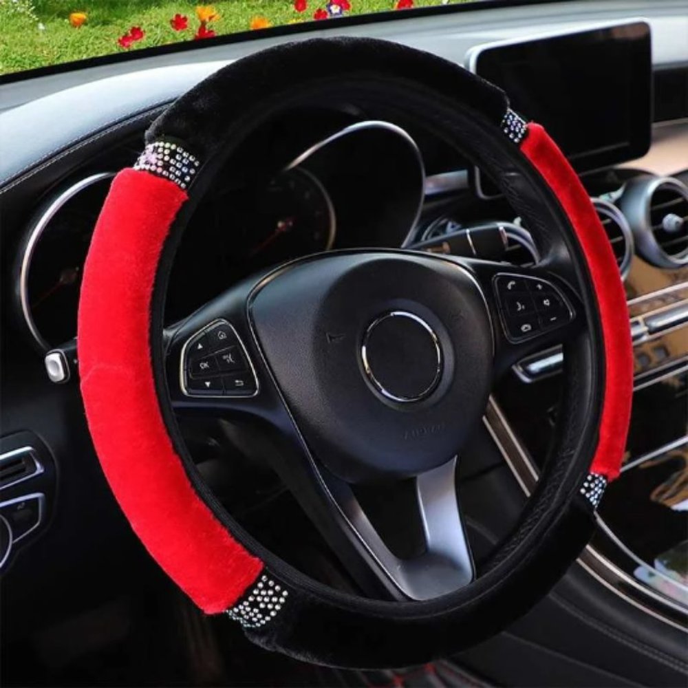 Plush Steering Wheel Cover for Women Black Red/ Universal Rhinestone